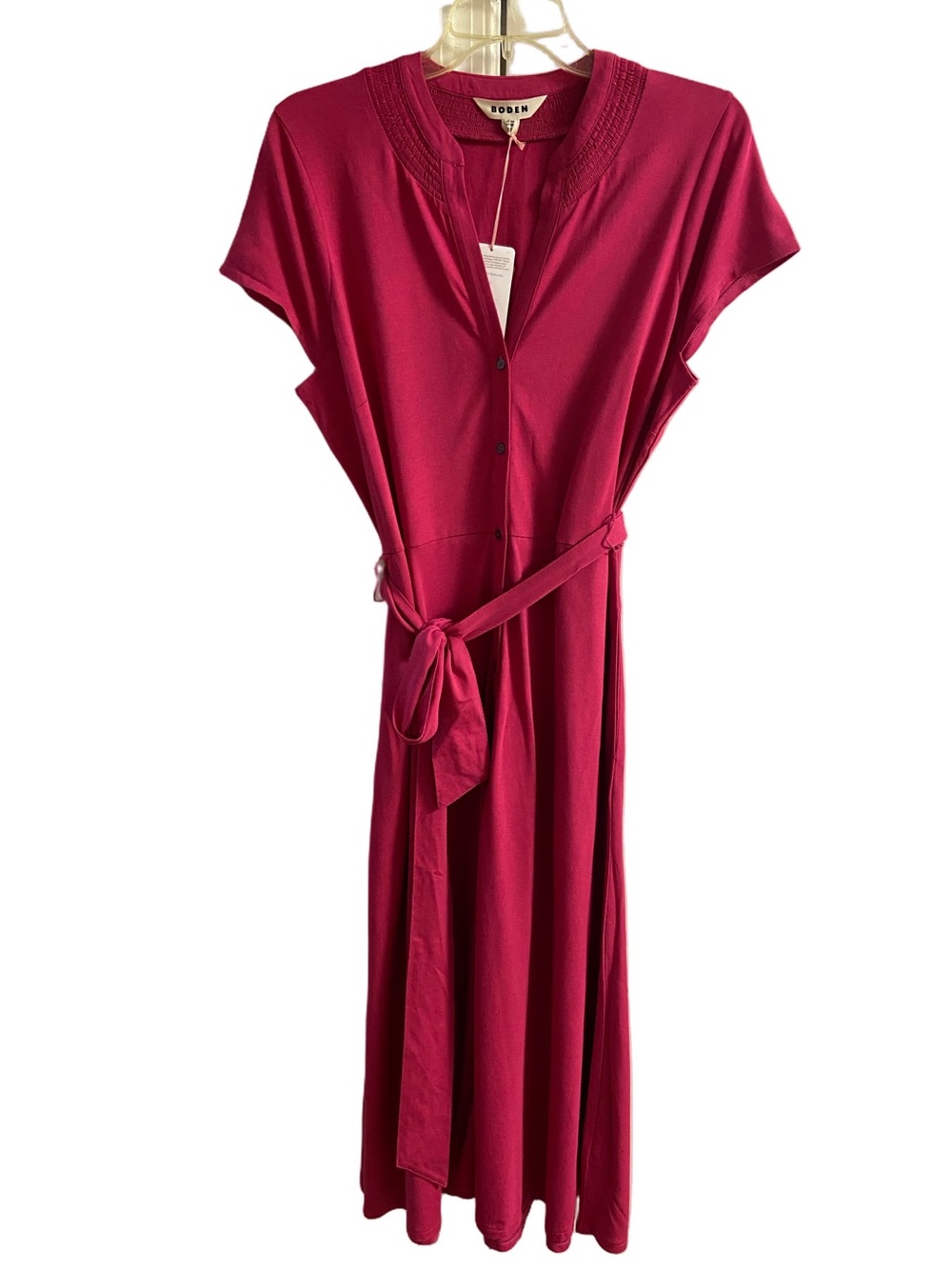 Boden Pink Cap Sleeve Smocked V-Neck Belted Midi Dress Pickets Sz 10R NWT - Picture 2 of 10